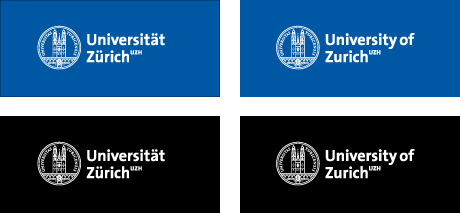 Logo weiss auf UZH-blauem und schwarzem Hintergrund
